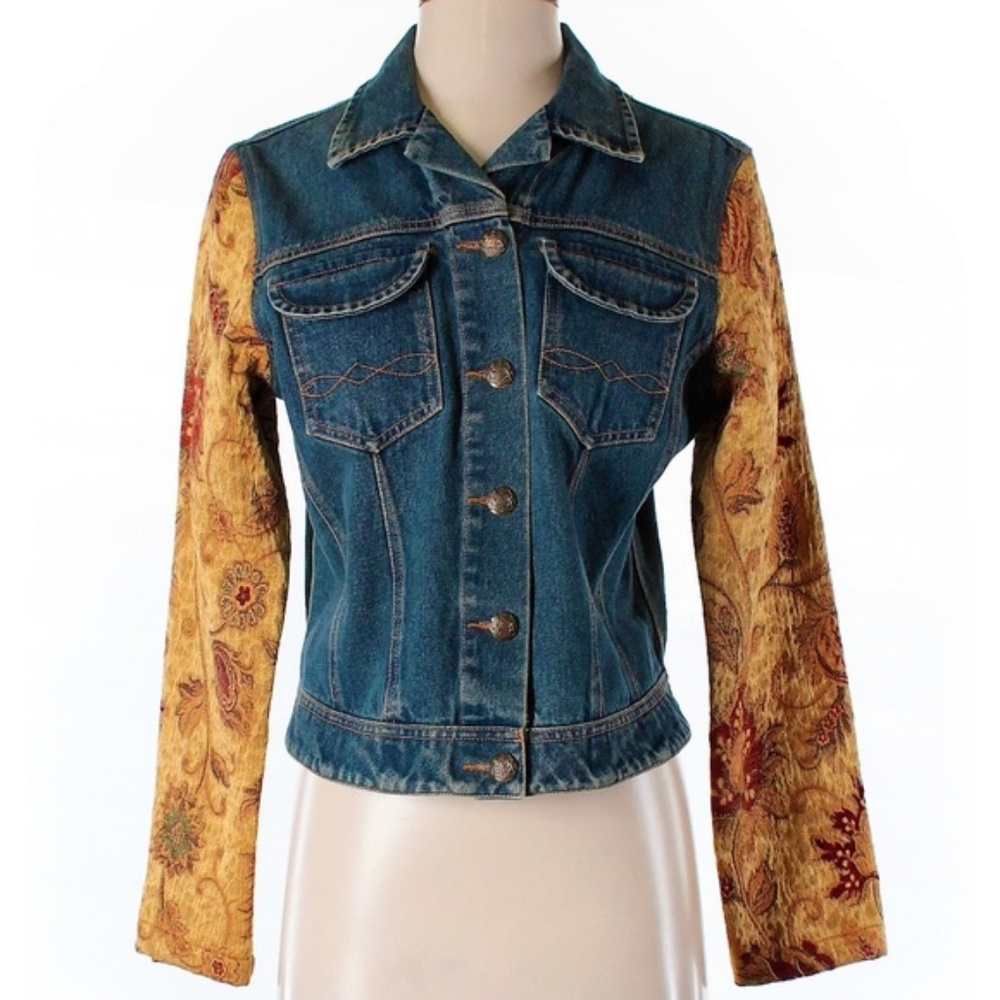 dup CAbi Jean Denim Jacket Gold Tapestry Brocade Sleeves Pockets S - Picture 1 of 8